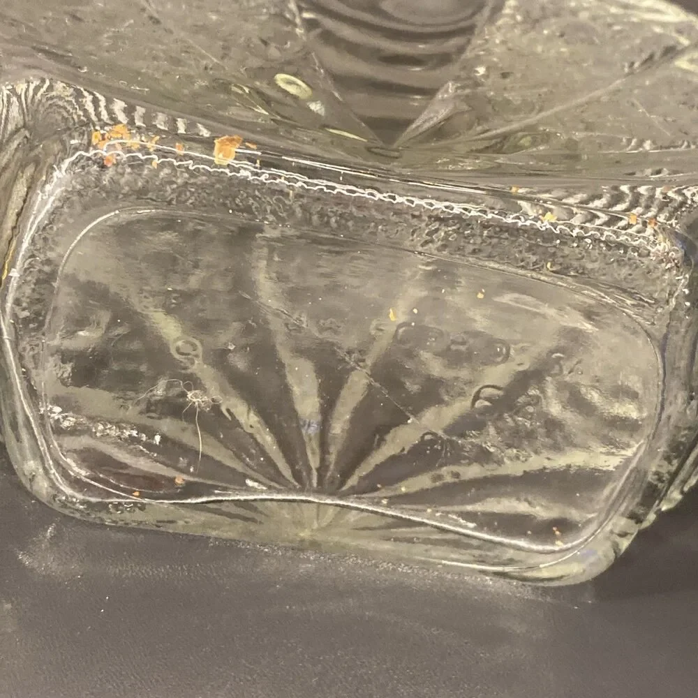 Pressed Cut Glass Liquor Whiskey Decanter Sun & Starburst Pattern 9.5” W/ Topper